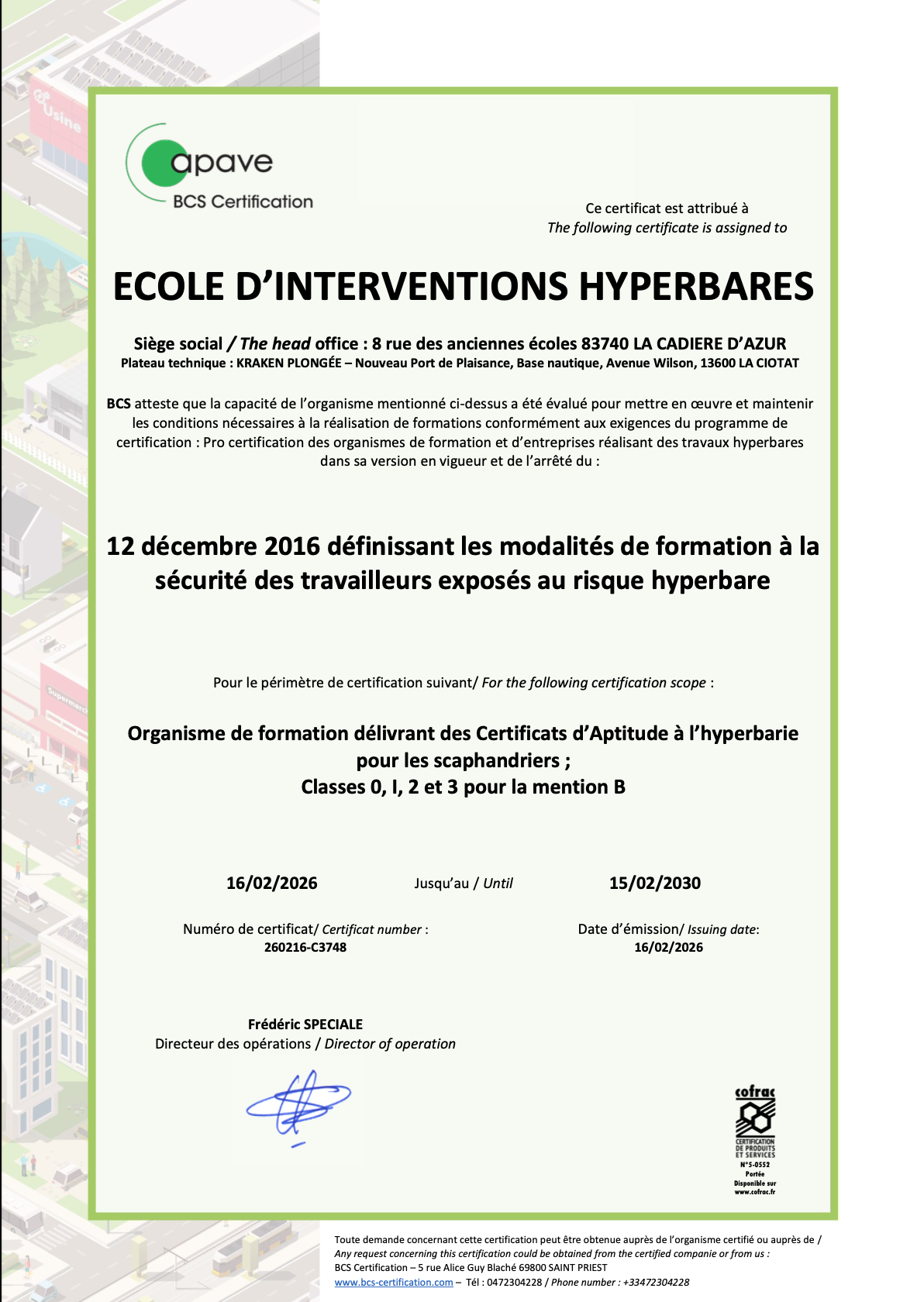 ECOLE D'INTERVENTIONS HYPERBARES - 260216-C3748 - Organismes de Formation Hyperbare - COFRAC
