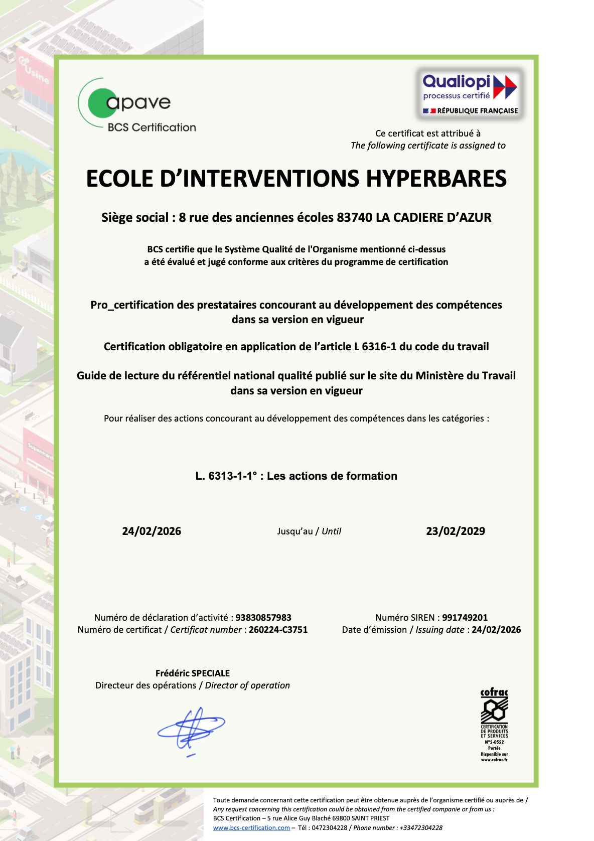 ECOLE D'INTERVENTIONS HYPERBARES - 260216-C3748 - Organismes de Formation Hyperbare - COFRAC
